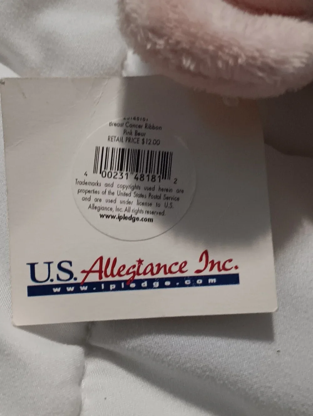 NWT USPS BREAST CANCER BEAR WITH POSTAGE STAMP ON BACK. WITH PINK JEWELS.